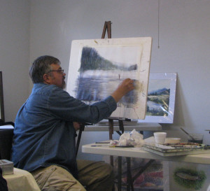 Duane Hada demonstrated a fly fishing river scene in watercolor to NCA Artist League members earlier this year; he is returning to teach a plein air acrylic class in September.. Photo courtesy of Joyce Hartman